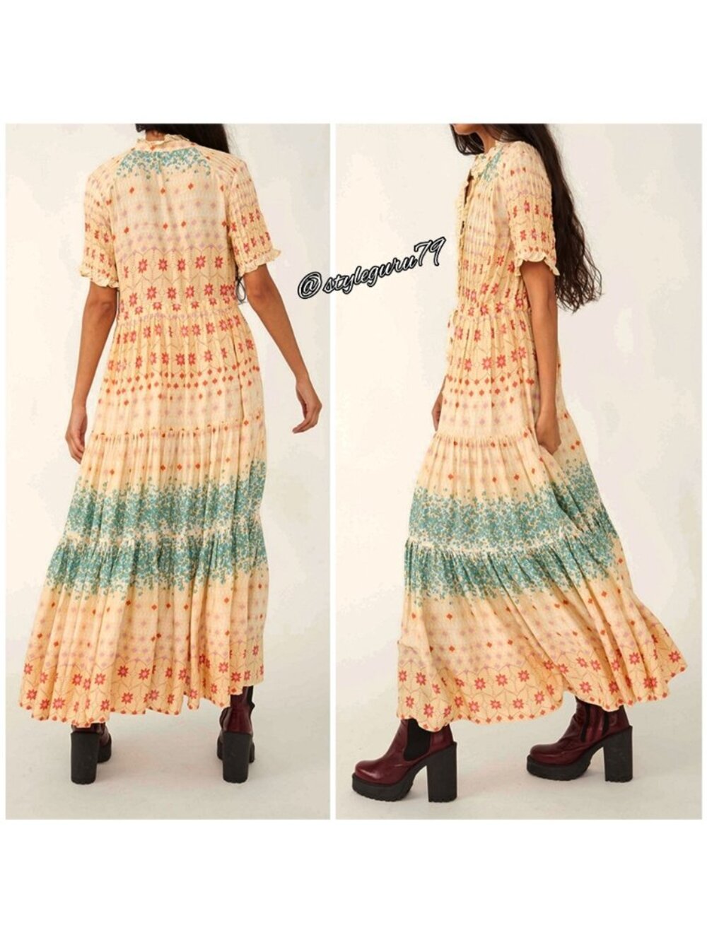 Free People Rare Feeling Pleated Maxi Dress Cloud Combo XS NWT Boho Floral Ruffl - Picture 5 of 6